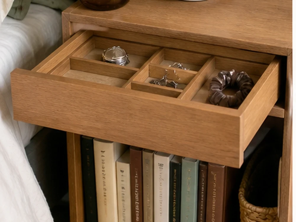 Small bedroom drawer used for jewelry, books, and compact bedside storage