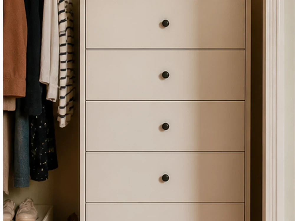 Small bedroom closet and dresser storage with clear drawer groups