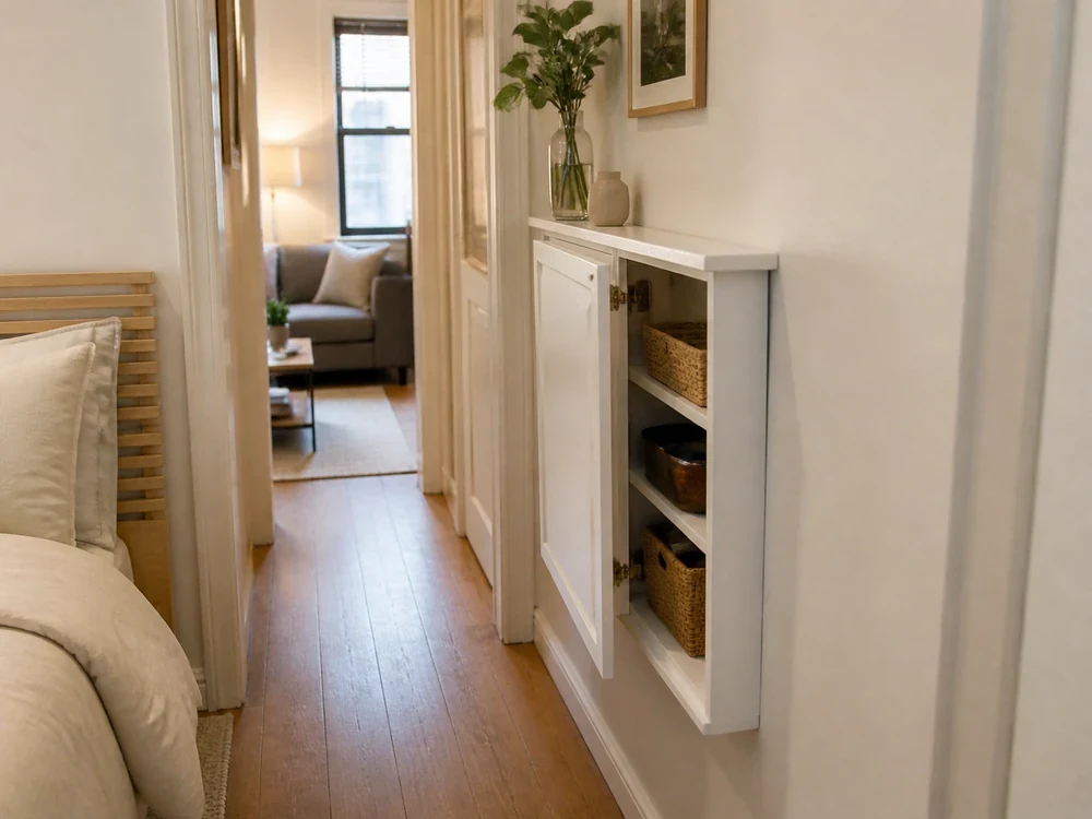Tiny apartment entry and living area with tall storage cabinet and clear route