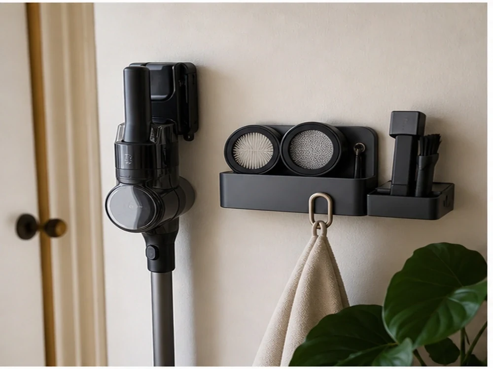 Tiny apartment wall storage with cleaning tools and compact shelves