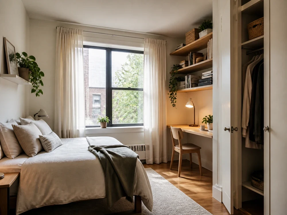 Tiny bedroom with desk, shelving, bed, and window storage