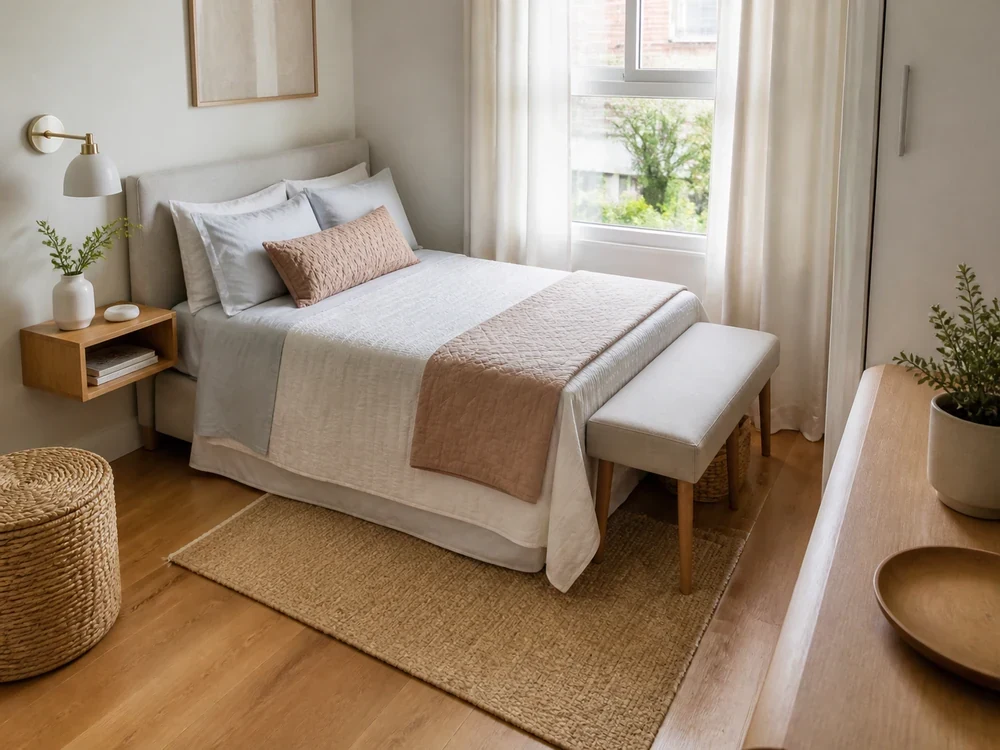 Tiny bedroom design with wall lamp, bench, plant, and woven texture