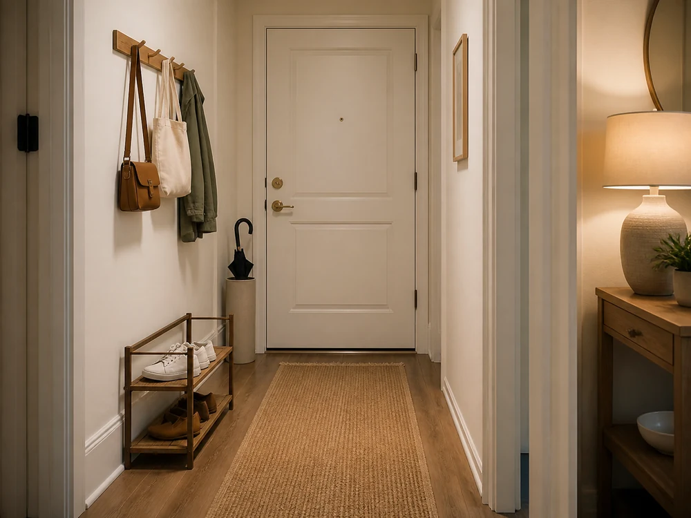 Narrow apartment entryway with a peg rail, slim shoe rack, umbrella stand, and clear runner path