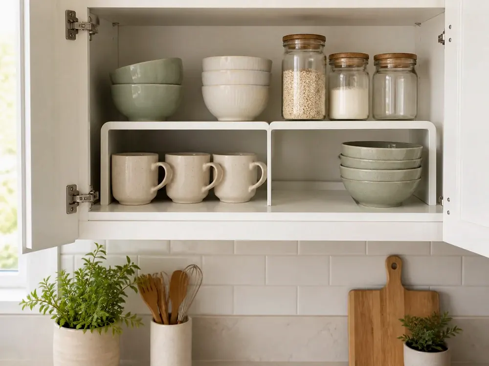 Petit rangement de cuisine avec catégories visibles, style calme et rangement accessible