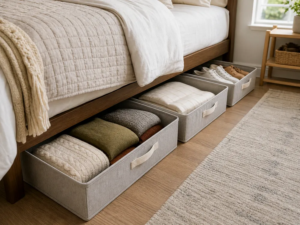 Under Bed Book Storage with visible categories, calm styling, and reachable storage