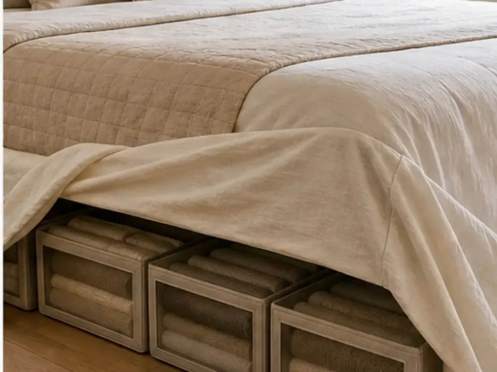 Tiroir sous le lit sur roulettes avec catégories visibles, style calme et rangement accessible