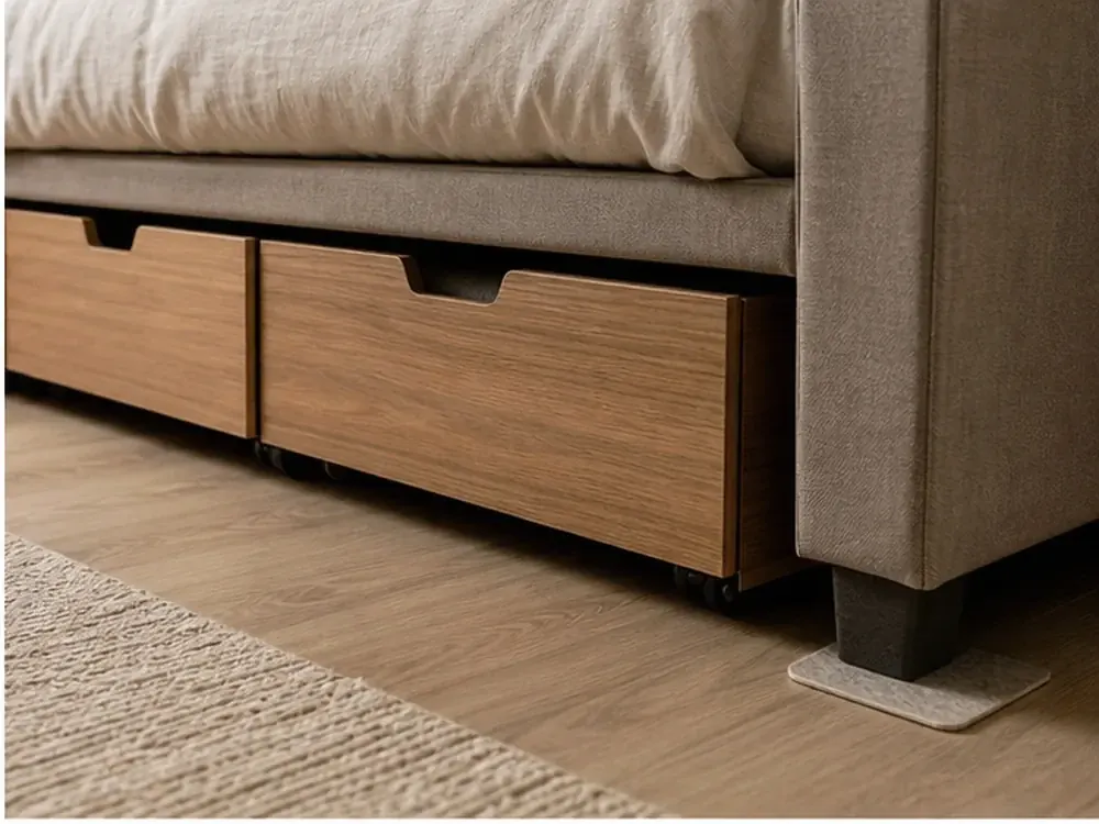 Tiroirs sous le lit avec roulettes montrant un rangement pratique, une texture et une lumière naturelle