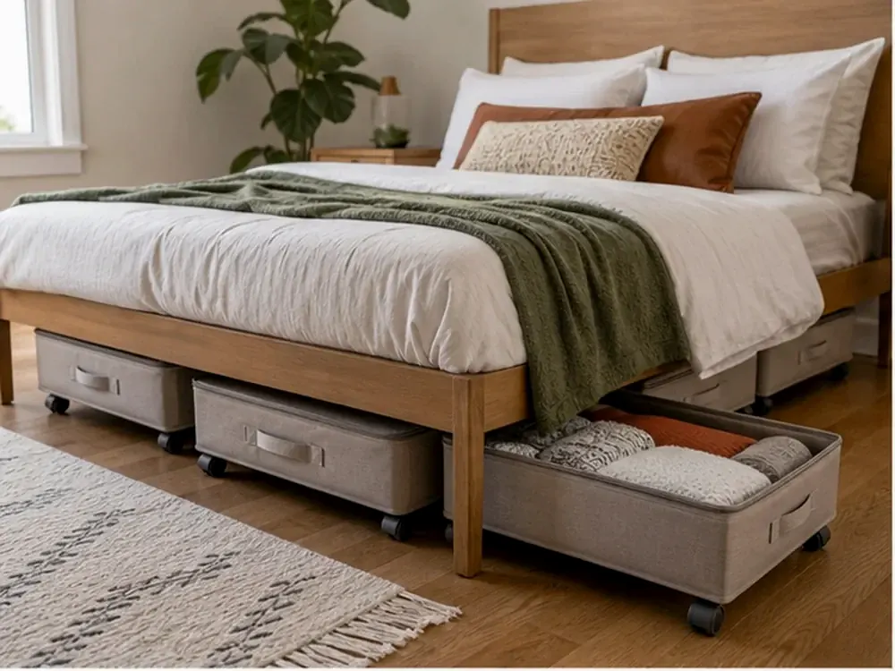 Tiroirs sous le lit avec roulettes avec catégories visibles, style calme et rangement accessible