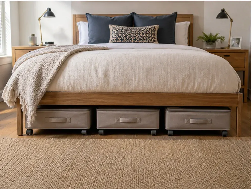 Under Bed Storage Bins with Wheels showing practical storage, texture, and natural daylight