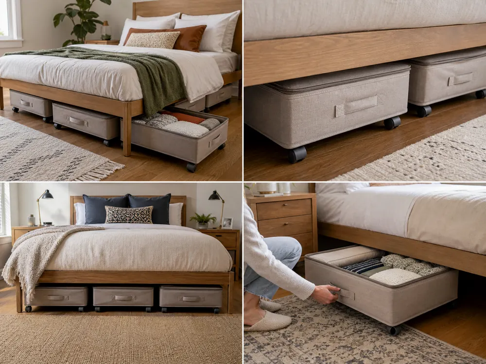 Under Bed Storage Bins with Wheels with visible categories, calm styling, and reachable storage