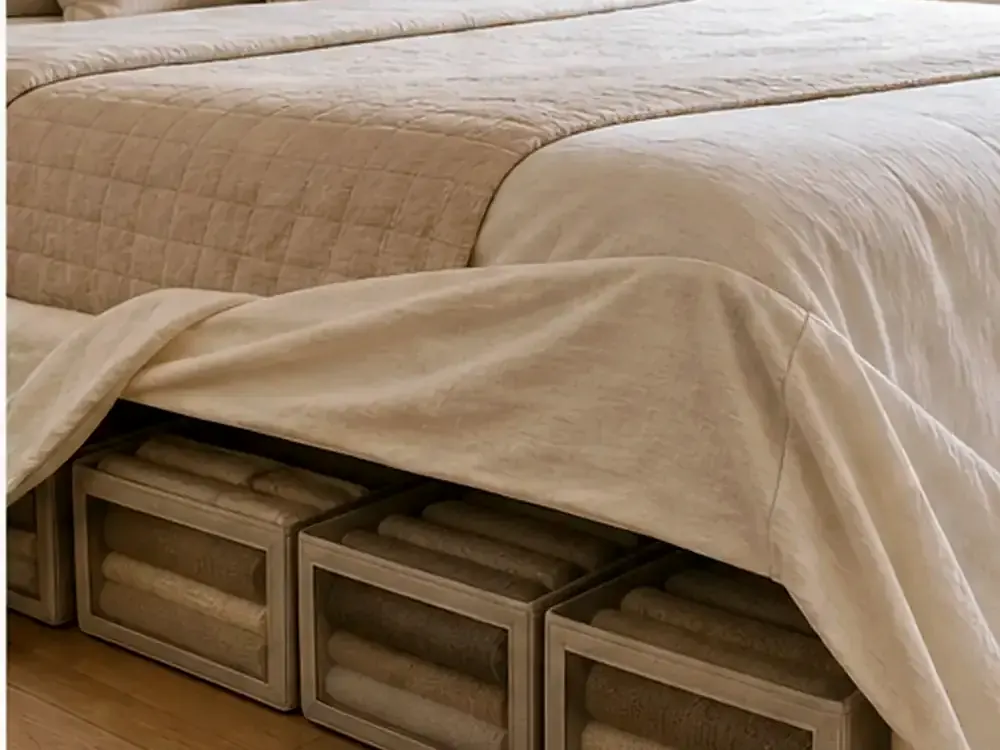 Almacenamiento debajo de la cama con ruedas con una ruta clara y cálidos detalles de organización del hogar
