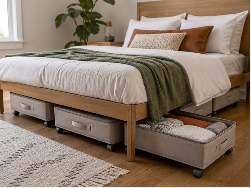 under bed storage with wheels in a small apartment showing retrieval route rule 1