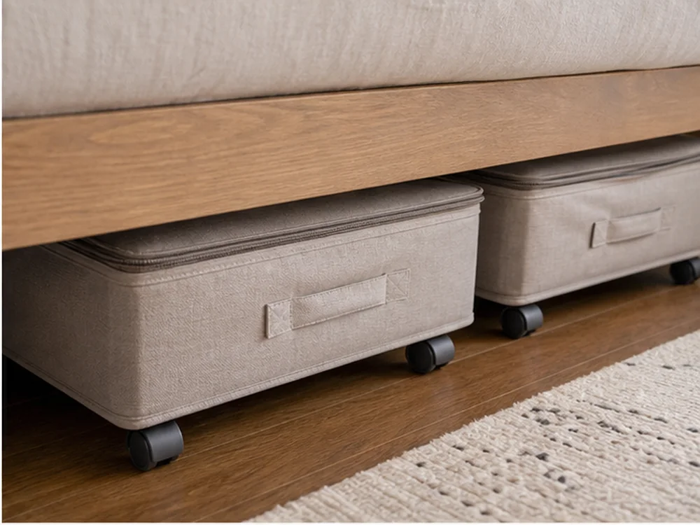 under bed storage with wheels in a small apartment showing retrieval route rule 2