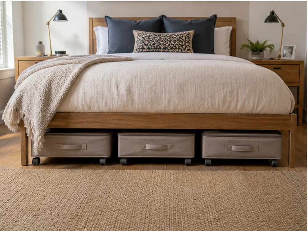under bed storage with wheels in a small apartment showing retrieval route rule 3