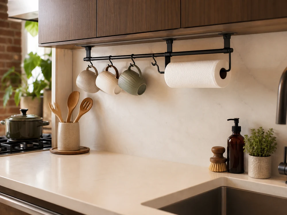 Under cabinet organizer rail with mugs, paper towel holder, and a clear small kitchen counter