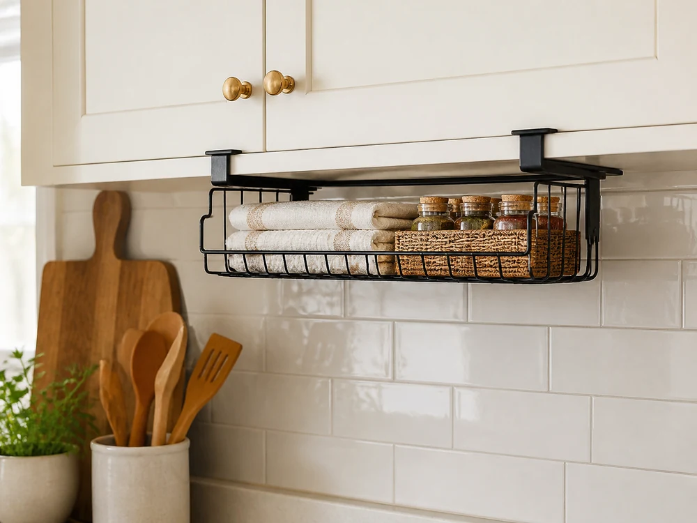 Clamp-on under cabinet organizer basket with tea towels and small kitchen tools above the sink