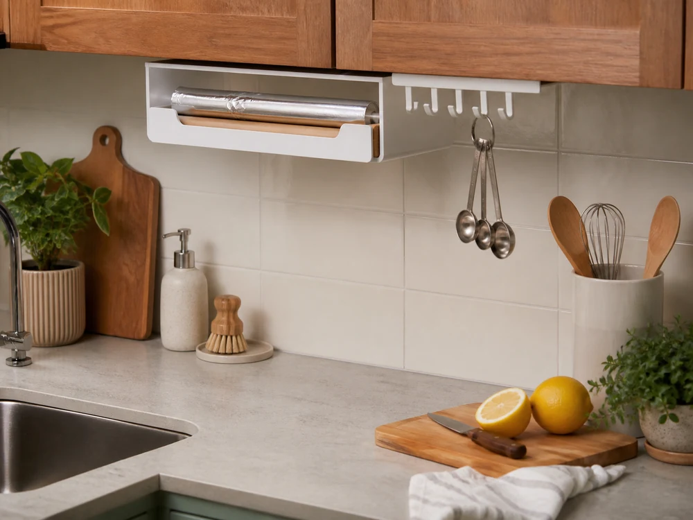 Adhesive under cabinet organizer drawer for wraps with a hook rail and clean counter workspace