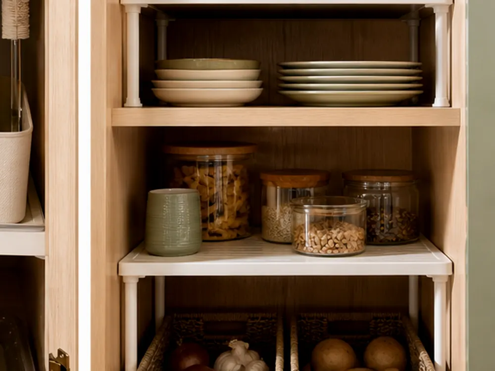Unterschrank-Regalküche mit sichtbaren Kategorien, ruhigem Design und erreichbarem Stauraum