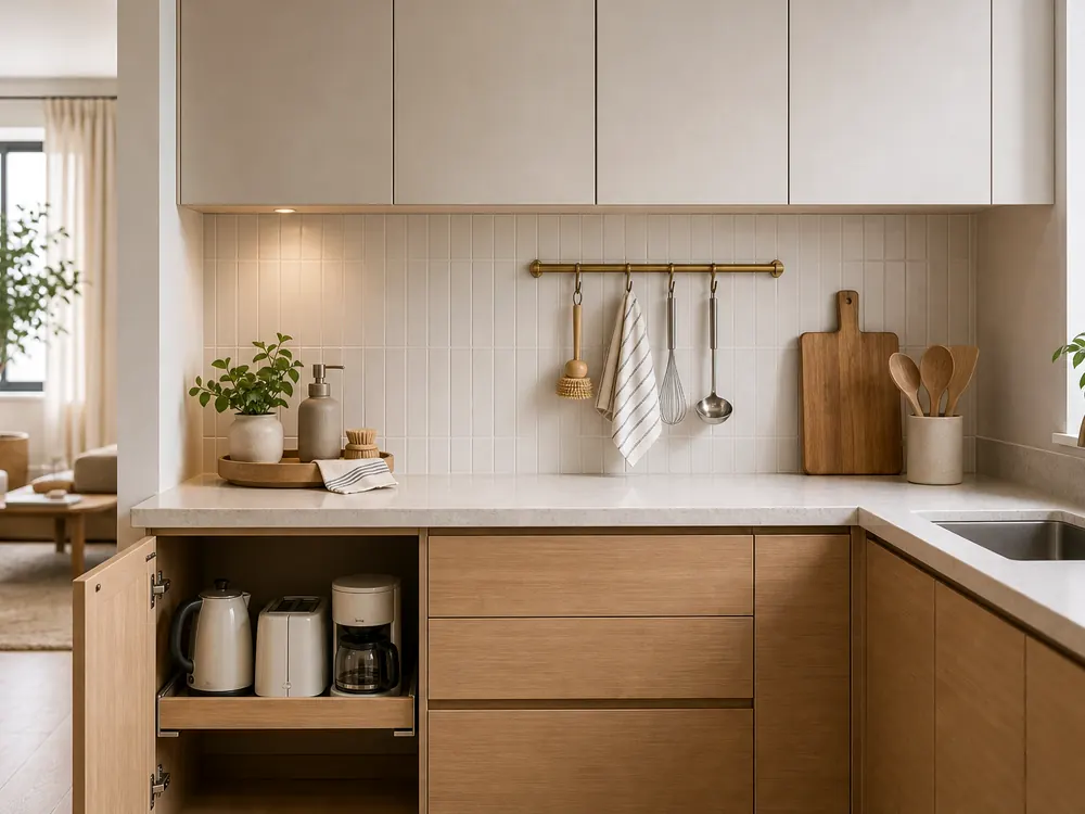 Under Counter Storage Kitchen with a clear route and warm home-organizing detail