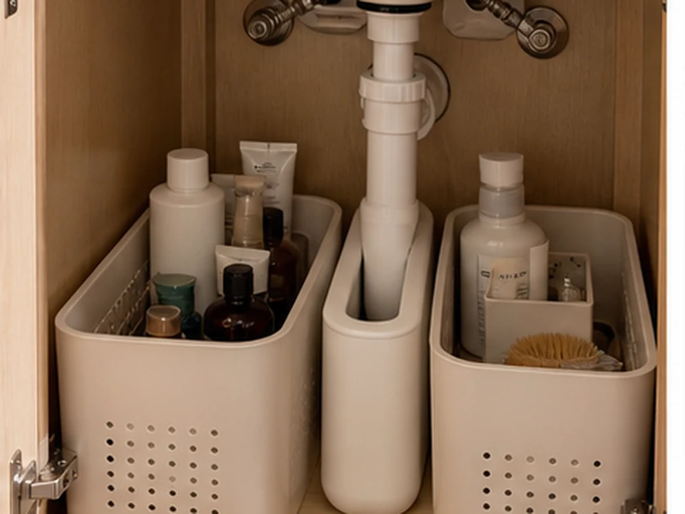 Under the counter storage in a bathroom vanity with bins arranged around visible plumbing