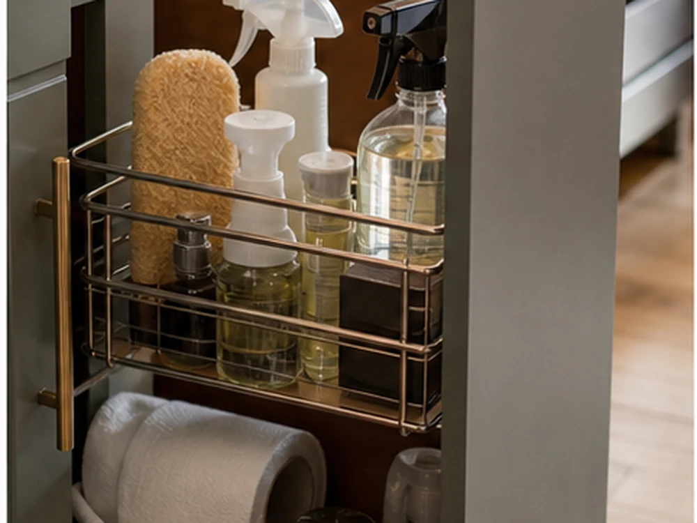 Kitchen under the counter storage pull-out rack with cleaning supplies and paper separated