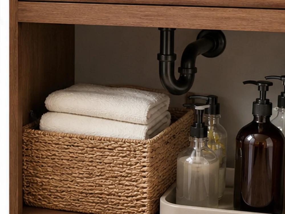 Open vanity under the counter storage with towels kept apart from damp bottles
