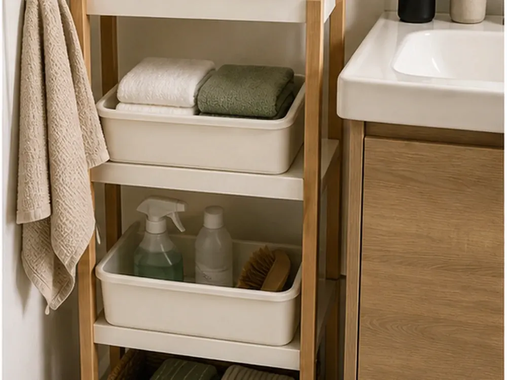 Contenedores de almacenamiento debajo de la cama que muestran almacenamiento práctico, textura y luz natural