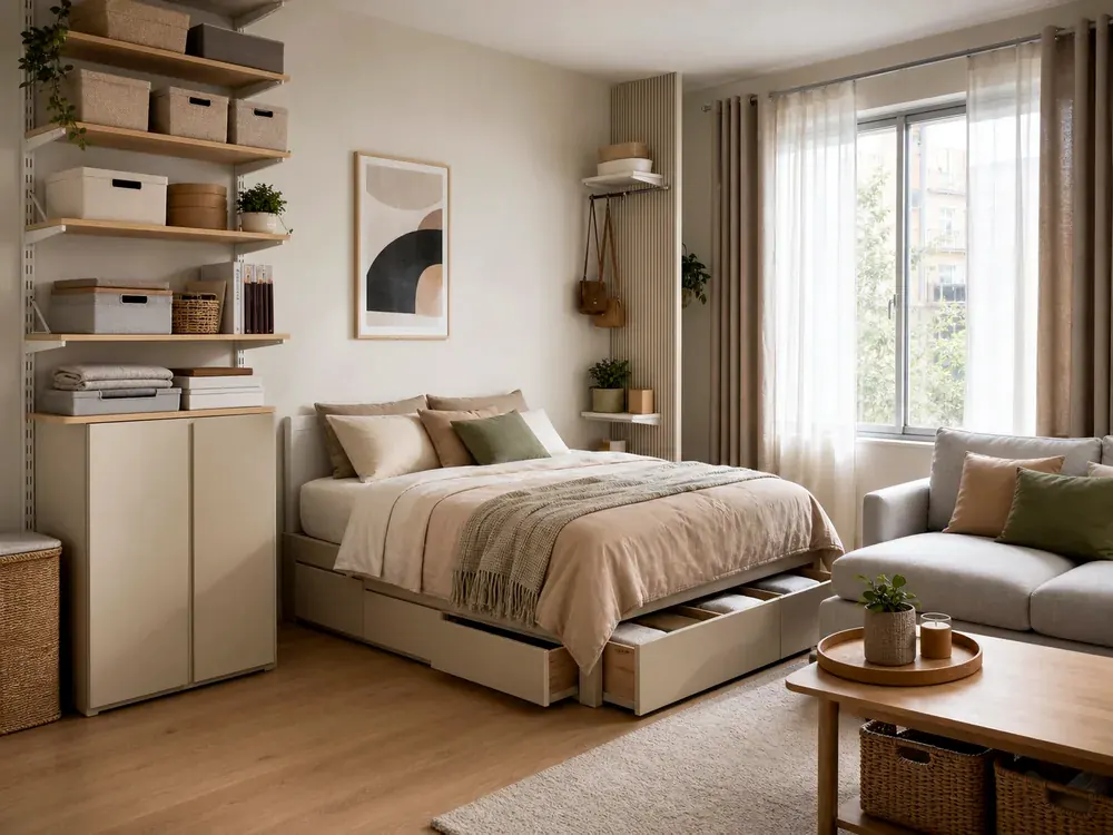 Conteneurs de rangement sous le lit avec roulettes avec un itinéraire clair et des détails chaleureux pour organiser la maison.