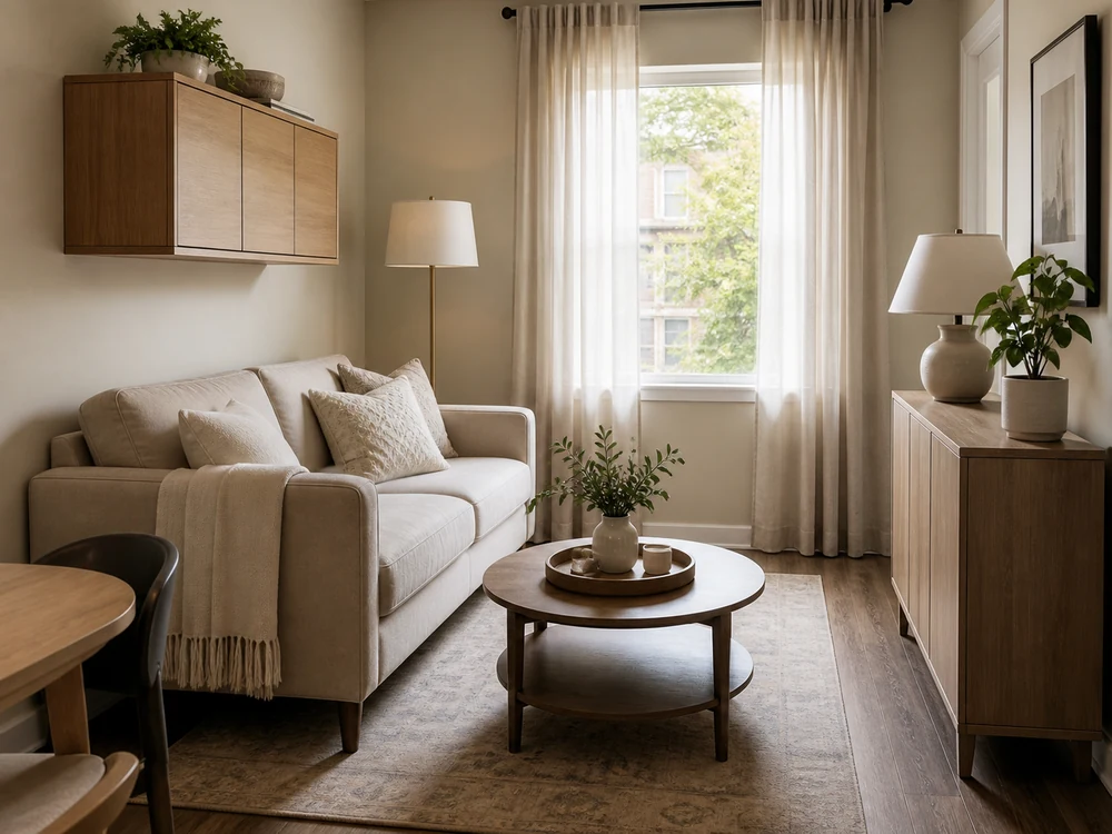 Small living room with closed storage, clearable coffee table, curtains, and warm light