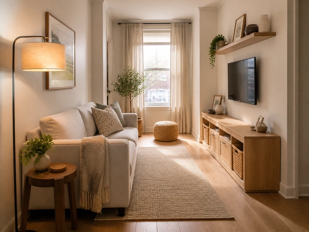 Narrow living room with scaled sofa, low media console, baskets, shelf, and open route