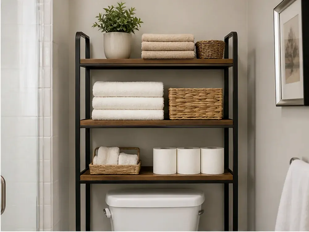 Idées de rangement sur étagère de salle de bain avec catégories visibles, style calme et rangement accessible