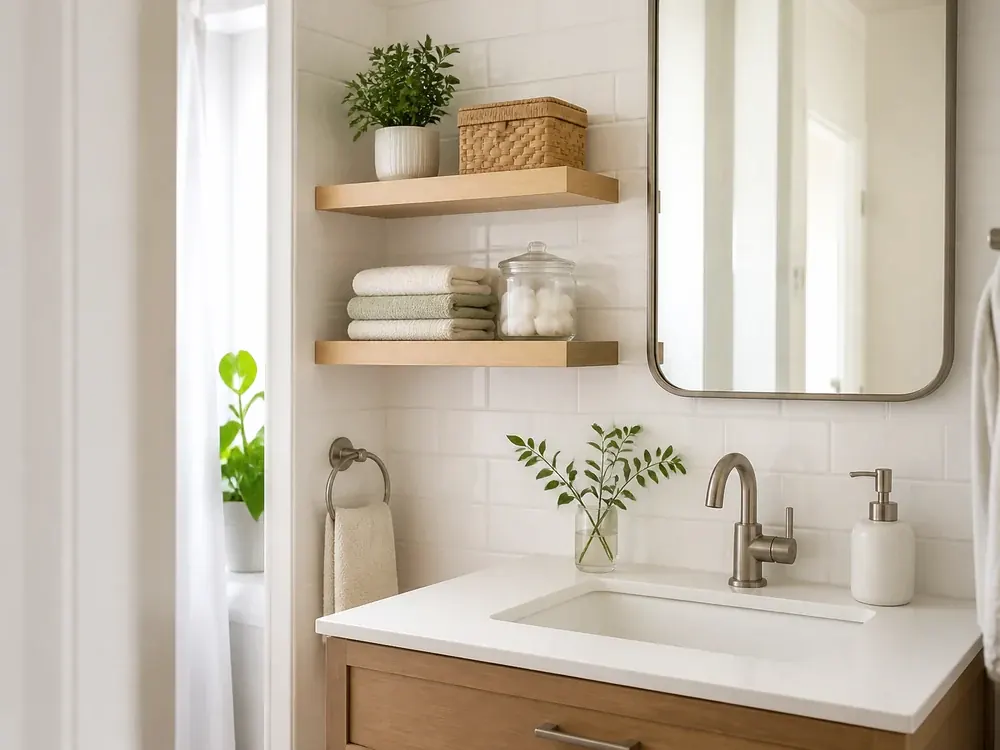 Bathroom Wall Shelves showing practical storage, texture, and natural daylight