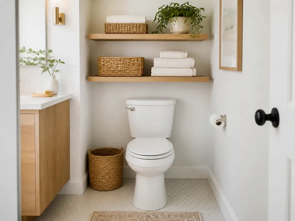 Bathroom Wall Shelves with visible categories, calm styling, and reachable storage