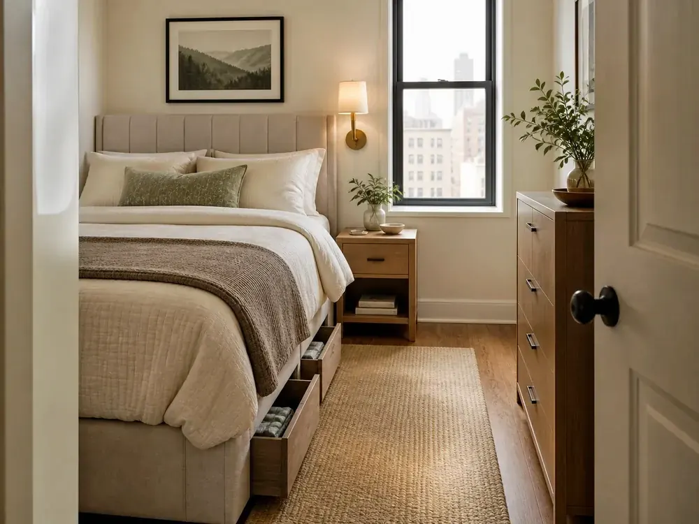 Idées de chambres à coucher pour petits espaces montrant un rangement pratique, une texture et une lumière naturelle