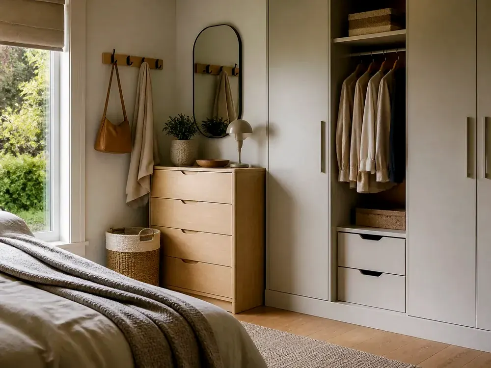 Idées de chambres à coucher pour petits espaces avec catégories visibles, style calme et rangements accessibles