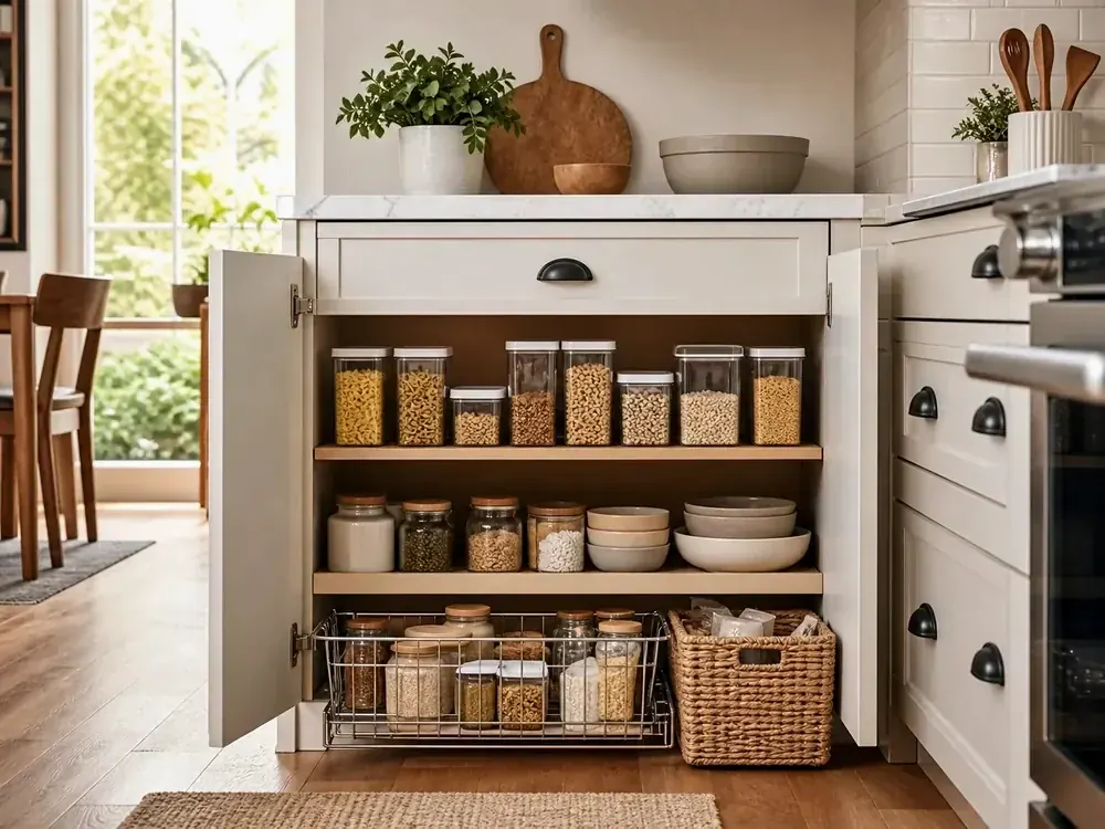 Almacenamiento adicional en la cocina con categorías visibles, estilo tranquilo y almacenamiento accesible