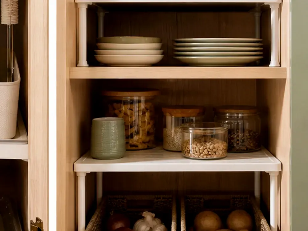 Kitchen Cabinet Storage Ideas with visible categories, calm styling, and reachable storage