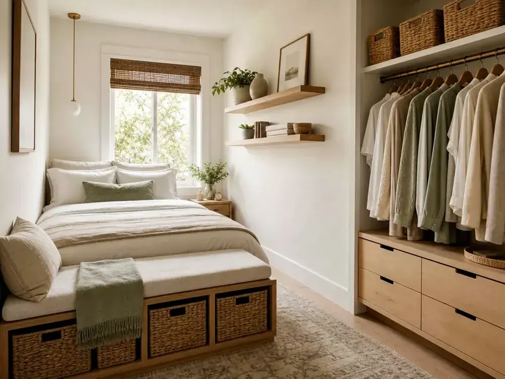 Organization Ideas for Small Bedroom showing practical storage, texture, and natural daylight