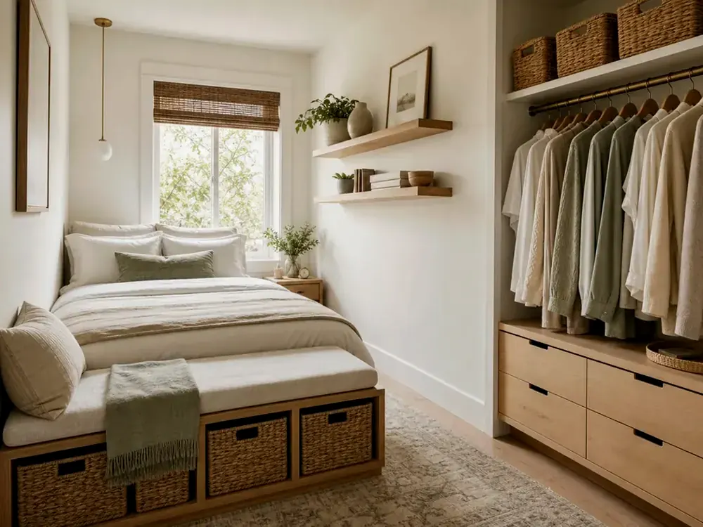 Organization Ideas for Small Bedroom with visible categories, calm styling, and reachable storage