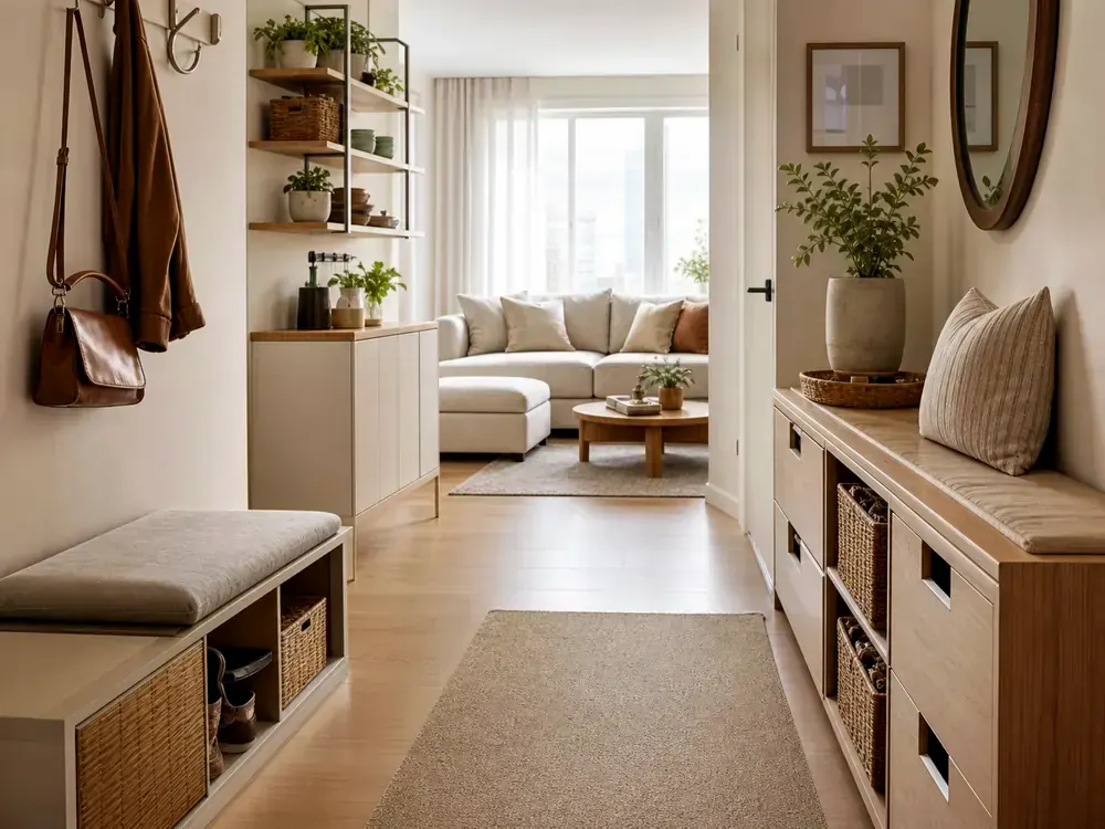 Small Apartment Storage Ideas with a clear route and warm home-organizing detail