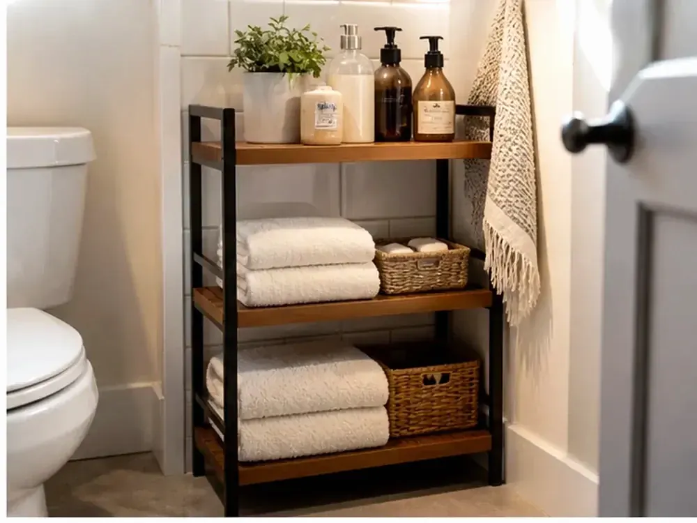Small Bathroom Organization Ideas showing practical storage, texture, and natural daylight