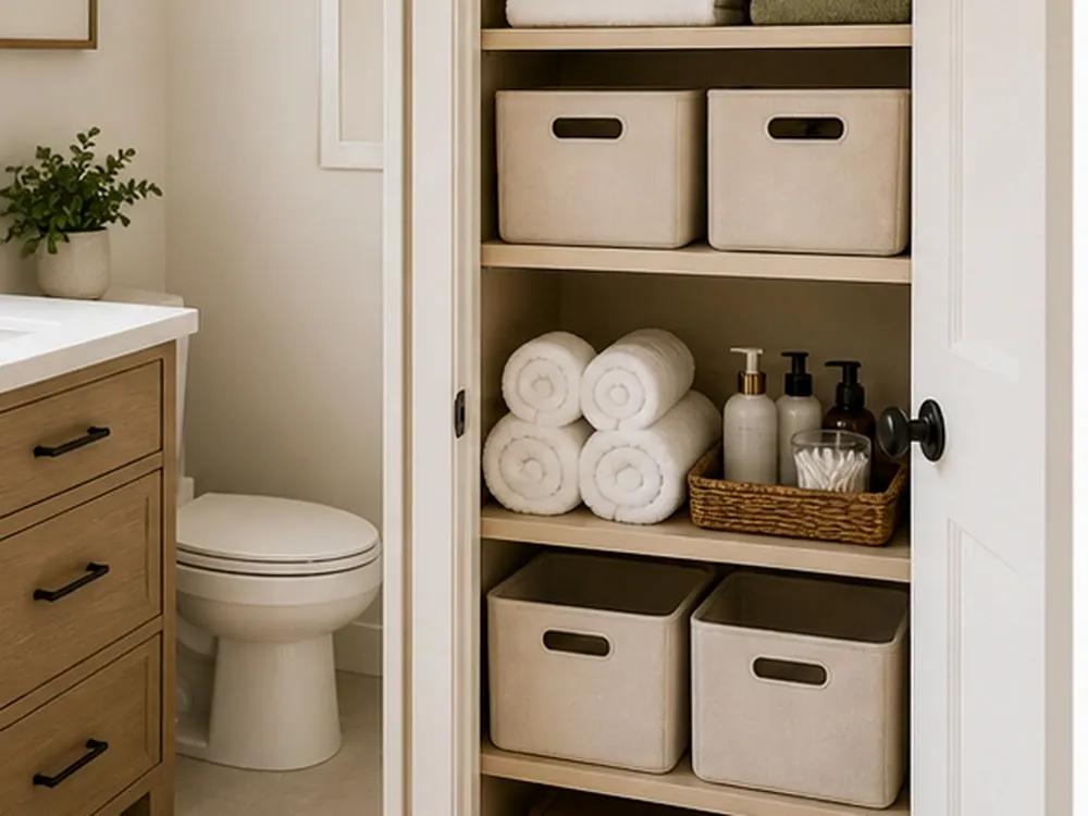 Small Bathroom Organization Ideas with visible categories, calm styling, and reachable storage