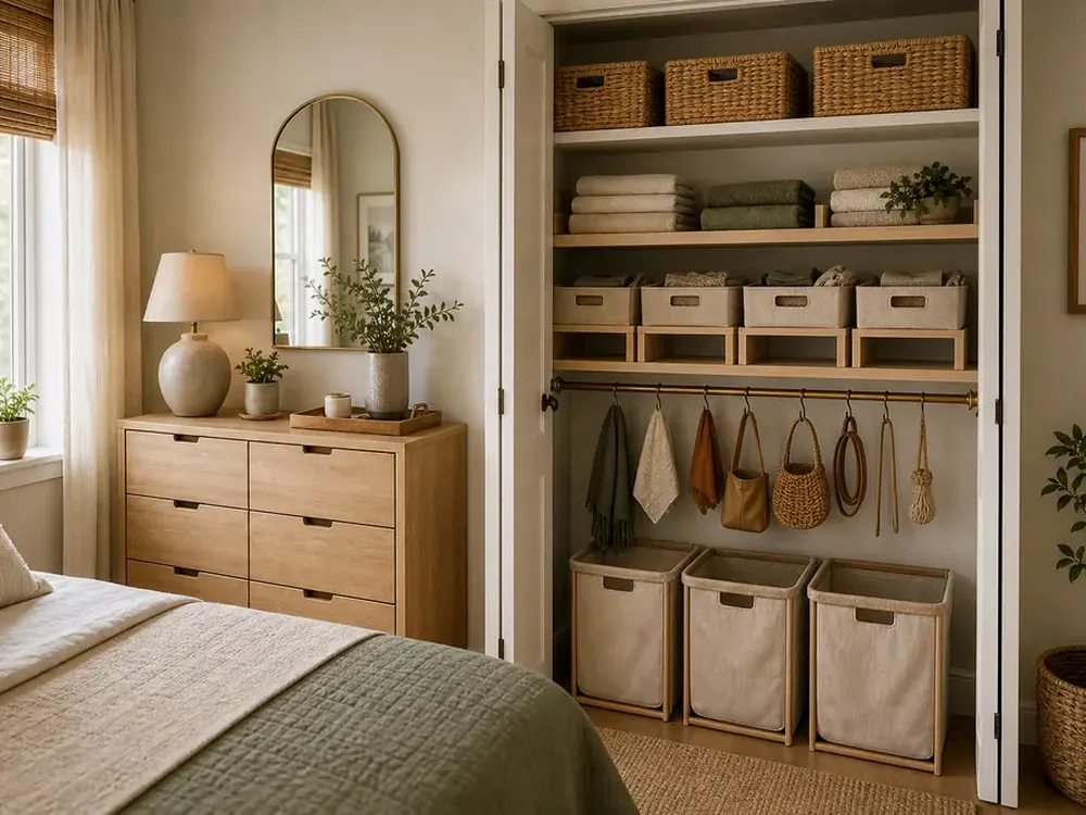Small Bedroom Storage Ideas with visible categories, calm styling, and reachable storage
