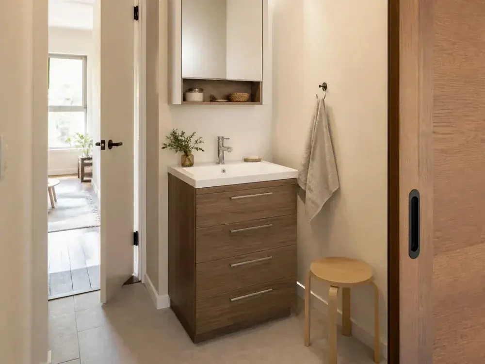 Small Den Room Ideas with a clear route and warm home-organizing detail