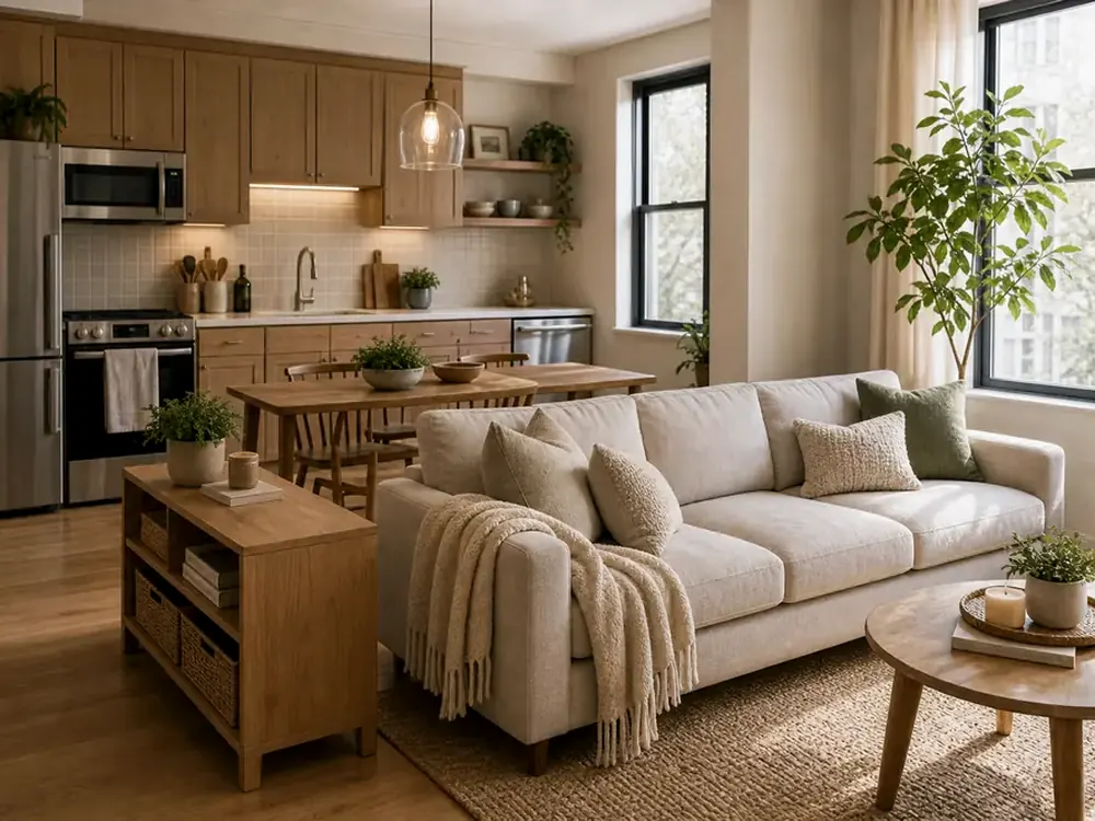 Kleine Aufbewahrungsideen für das Wohnzimmer mit sichtbaren Kategorien, ruhigem Design und erreichbarem Stauraum