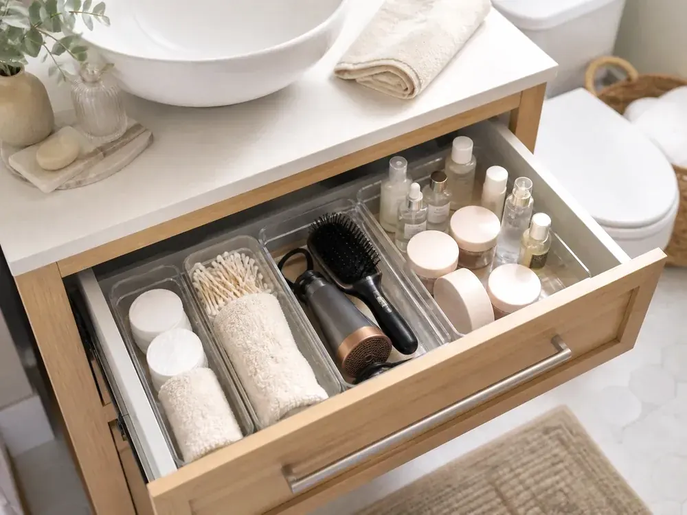Almacenamiento para baños pequeños que muestra almacenamiento práctico, textura y luz natural