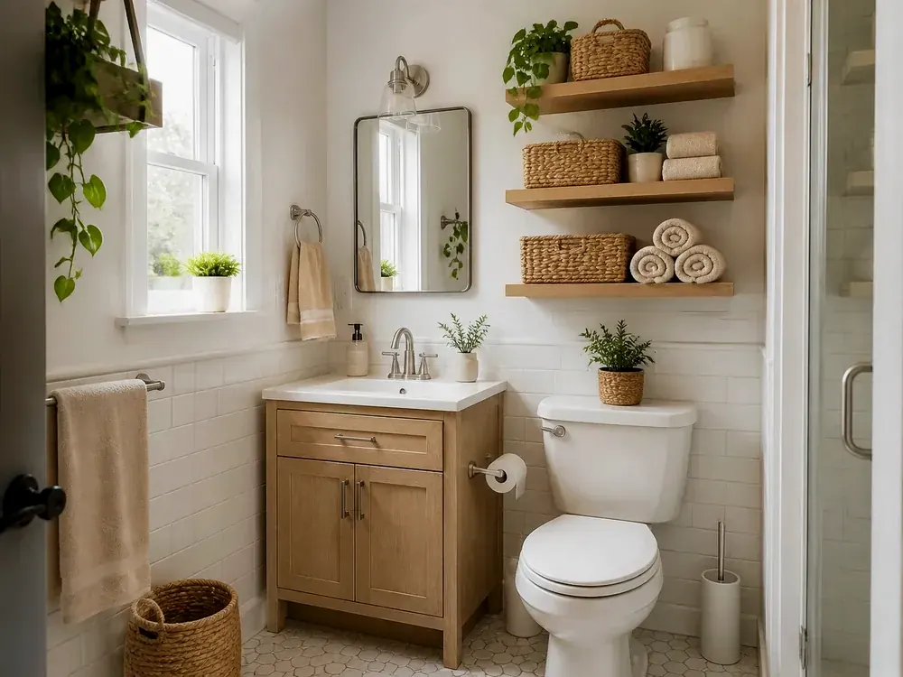 Almacenamiento para baños pequeños con categorías visibles, estilo tranquilo y almacenamiento accesible