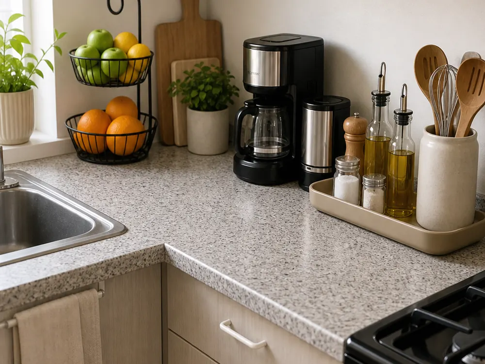 Idées de rangement dans les petites cuisines montrant un rangement pratique, une texture et une lumière naturelle