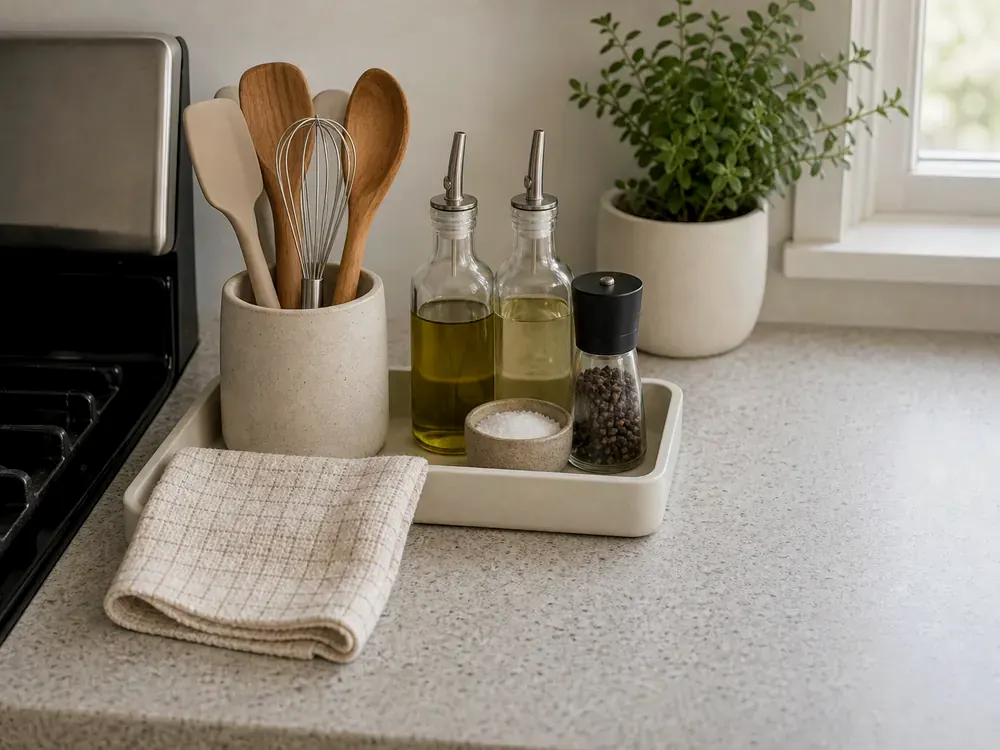 Idées de rangement dans les petites cuisines avec des catégories visibles, un style calme et un espace de rangement accessible