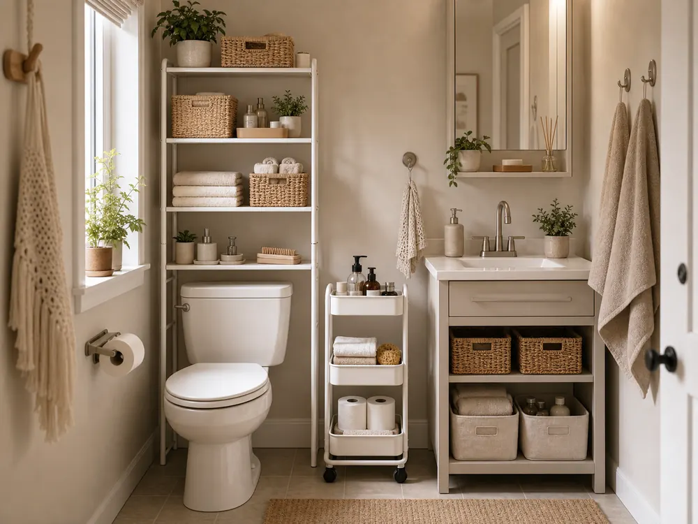Storage Tiny Bathroom showing practical storage, texture, and natural daylight